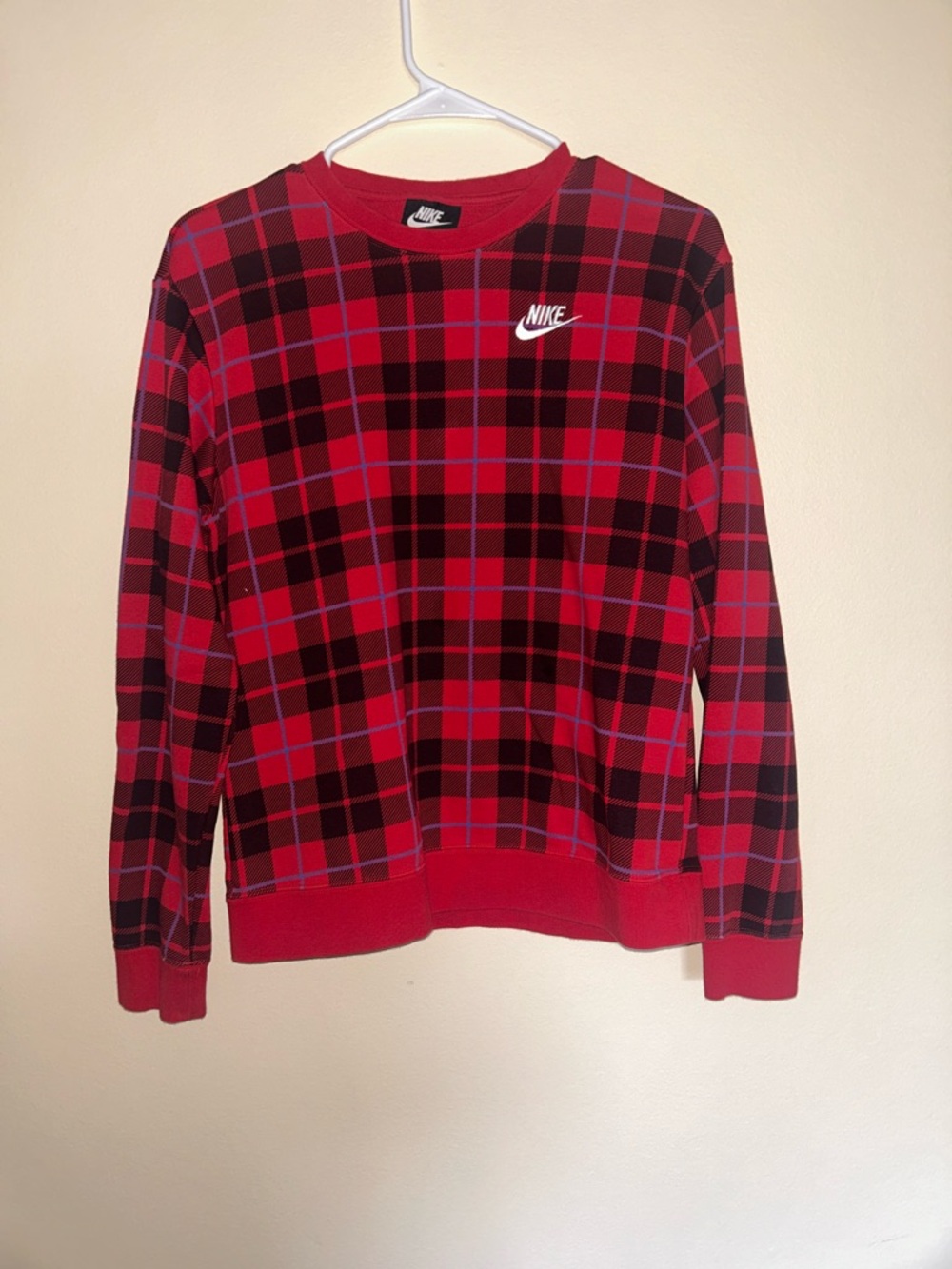 Nike Red Black Plaid Crewneck Sweatshirt Pullover Streetwear Unisex